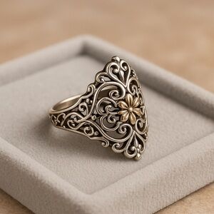 Sterling Silver Gold Filigree Shield Ring | Modern Vintage Floral EC Size 9 #322